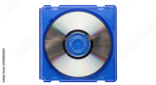 Blue CD jewel case with disc isolated PNG, compact disc storage for music, data, and software on transparent background