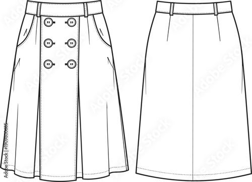 High waisted A line skirt technical flat, fashion CAD drawing, vector illustration with front and back view, garment construction details