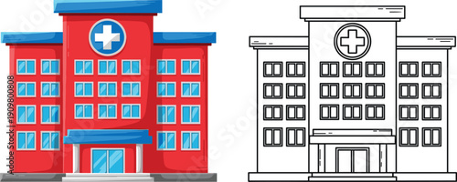 Modern hospital building illustration, medical center exterior, healthcare clinic architecture, emergency facility icon, flat design vector isolated on white background