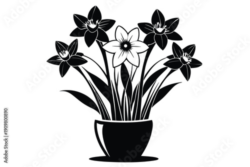 daffodil vase silhouette line art vector illustration