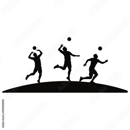 Silhouette of three men playing volleyball in black