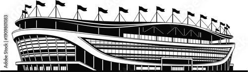 Modern stadium silhouette illustration, large sports arena building, architectural structure for events, grandstand with flags, vector design, isolated on white background