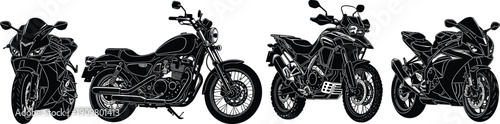 Motorcycle collection silhouette set, sport bike cruiser and adventure motorbike black vector illustration isolated on white background
