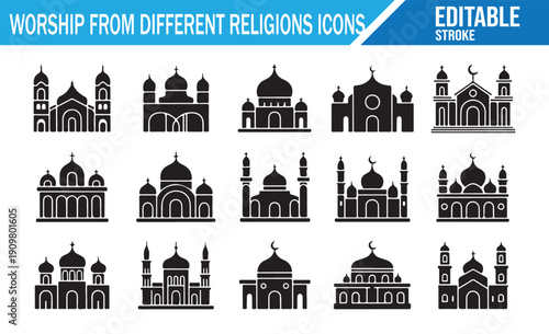 Religious architecture line icons, set of vectors.