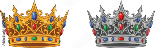 Ornate royal crown set with gold and silver gemstone tiaras, luxury king queen vector illustration isolated background