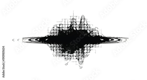 Abstract black and white geometric pattern with intersecting lines and shapes on white background, creating a dynamic and modern visual effect