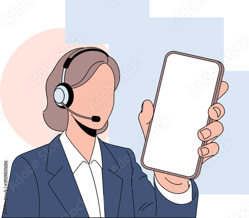 Businesswoman holding smartphone mockup wearing headset for mobile support desk