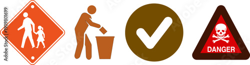 Danger skull and crossbones warning sign, check mark symbol, person throwing trash