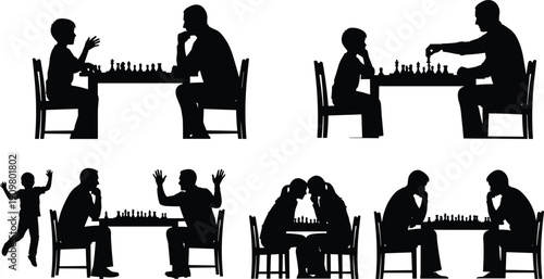 Chess players silhouette vector set featuring father and son playing board games, competitive matches, and children learning strategy for family hobby designs.