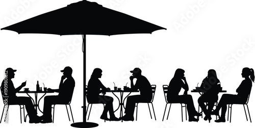 Outdoor cafe silhouette scene, people sitting under umbrella, restaurant terrace, social gathering, coffee time, black vector illustration, isolated design, lifestyle concept