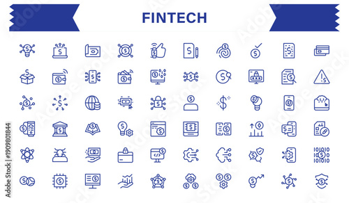 Fintech Line Editable Icons set.  Financial Technology  Professional Clean Line Icon Cloud, money, dollar, computer, finance, Collection with Editable Set