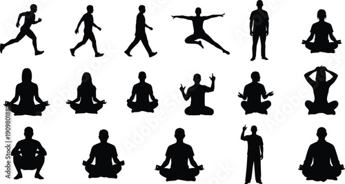 People silhouette collection set, men and women running walking jumping and meditating yoga poses vector illustration isolated background