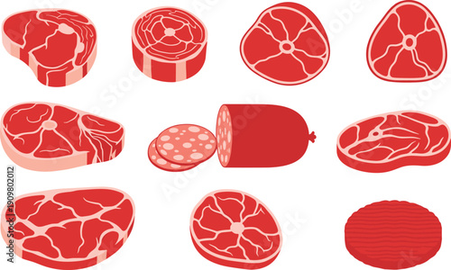 Raw meat cuts collection set, beef steak salami sausage and burger patty vector illustration isolated on white background