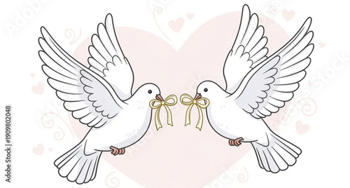 Doves fly together holding bows, symbolizing love and unity during Valentine's Day or wedding celebrations in this illustration