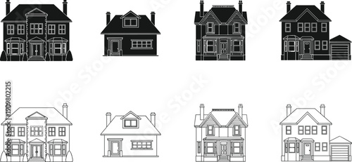 Residential house facade silhouettes set, modern suburban homes exterior architecture vector illustration collection isolated on white background