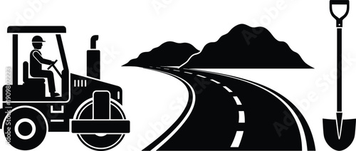 Road construction vector illustration, asphalt roller highway landscape and shovel icon infrastructure development concept isolated on background