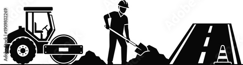 Road construction worker with shovel and asphalt roller, highway repair infrastructure maintenance vector illustration isolated on background