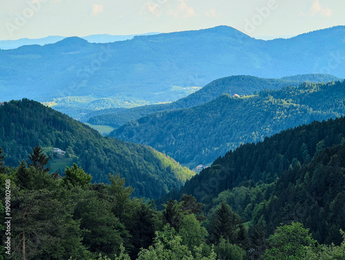 Breathtaking panoramic landscape of the green slovenian mountain valleys