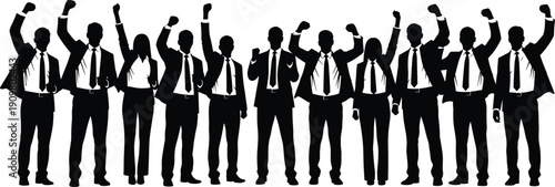Silhouette of diverse business team celebrating success with raised fists unity leadership achievement corporate victory motivation teamwork power solidarity concept