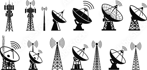 Telecommunication tower and satellite dish antenna silhouette wireless network signal broadcasting technology communication infrastructure radar transmission illustration collection concept