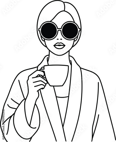 a woman wearing sunglasses and a robe holding a coffee cup Minimalist black and white vector illustration on a pure white background