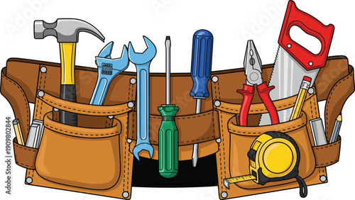 Tool belt with construction tools vector illustration, handyman equipment set isolated on white background repair concept