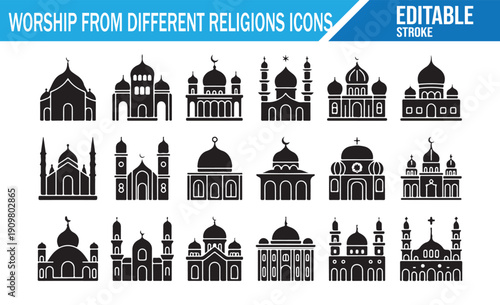 Churches and mosques icons, editable stroke vector.