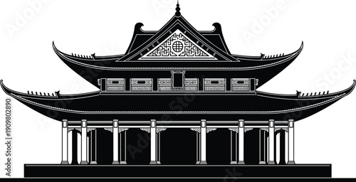 Traditional Asian temple architecture vector, oriental pagoda silhouette illustration isolated on white background cultural heritage building design