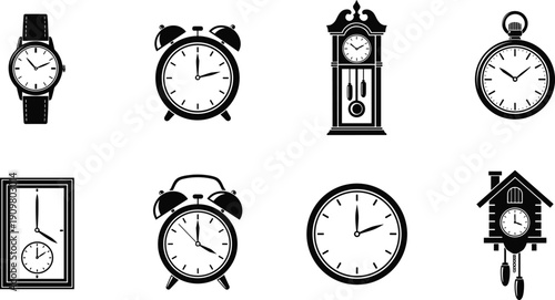 Vintage clock collection vector illustration, wristwatch alarm clock wall clock and cuckoo clock silhouettes isolated on white background
