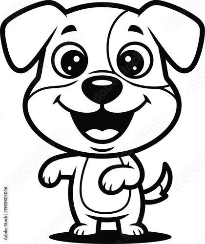 Cute funny black and white vector illustration of a smiling cartoon dog with big expressive eyes, bold clean outlines, minimal shading, modern stock character style on white background” 