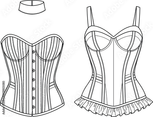 Vintage corset lingerie vector illustration, women fashion bustier outline drawing isolated on white background retro undergarment design