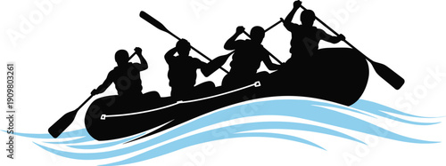 Whitewater rafting team silhouette, adventurous river rafting illustration, group paddling boat on waves, extreme sport, outdoor adventure, teamwork concept, vector, isolated