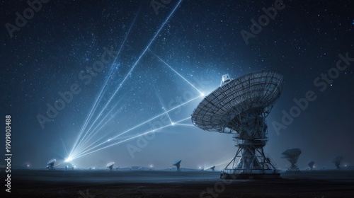 Satellite dish array under a starry night sky with futuristic light beams