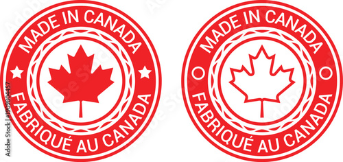 Made in Canada / Fabriqué au Canada Red Bilingual Seal Badge with Maple Leaf – Canadian Quality Emblem Vector Set