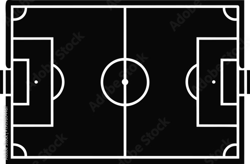Top view of a soccer field with white lines over a black background with grid lines