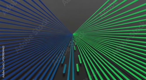Vibrant blue and green lines radiate from a central point on dark background
