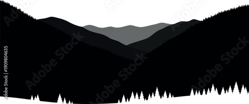 Minimalist Black and White Mountain Silhouette Vector with Pine Forest Landscape