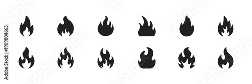 Minimal Fire Flame Icons Set. Flame icon grid set, red fire symbols, stylized heat shapes, UI element pack, graphic design asset. flame icons set showing fire symbols in multiple styles and colors