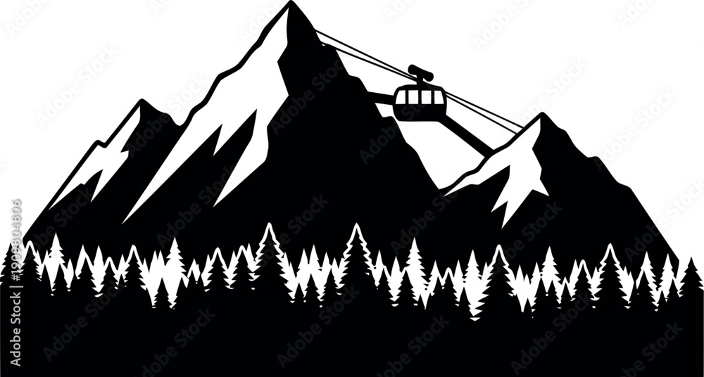 Obraz premium Mountain silhouette with cable car and pine forest vector illustration for outdoor adventure designs