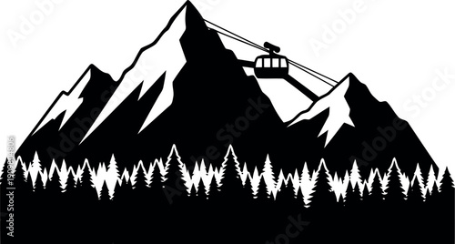 Mountain silhouette with cable car and pine forest vector illustration for outdoor adventure designs