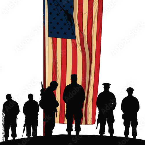 Silhouettes of Soldiers Standing in Front of a Vertical American Flag - Veteran’s Day and Memorial Day Concept