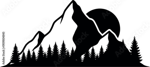 Mountain silhouette with pine trees and sun vector illustration for outdoor adventure designs
