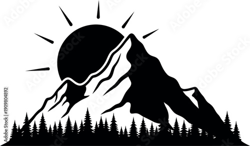 Mountain silhouette with sunrise and pine trees vector illustration for outdoor adventure designs