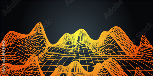 Abstract gentle hills in wireframe strokes. Landscape illustration of 3D mesh technology. Cyberspace digital terrain in mountains with valleys. Wide size canvas. Orange on dark colors. Vector