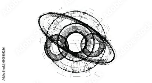 Futuristic Geometric Diagram with Rotating Rings on White Background