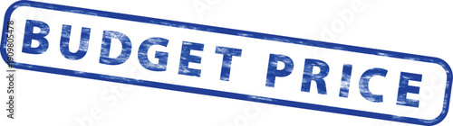 Blue rubber stamp with 'BUDGET PRICE' text, vector illustration for mockup or overlay effect, isolated on transparent background, png