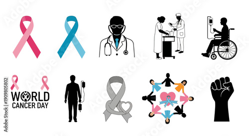 Set of World Cancer Day icons with ribbons, doctors, patients, and symbols of support and awareness.