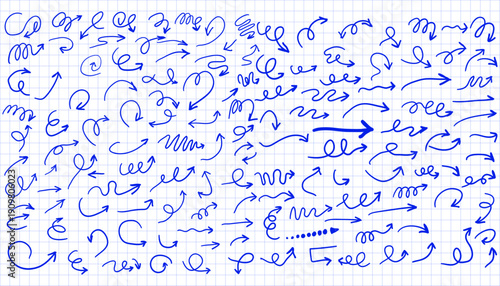 Collection of hand-drawn blue arrows on a graph paper background