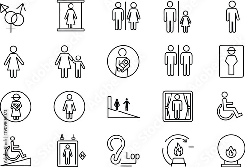 Collection of 20 black and white pictograms depicting people and restrooms