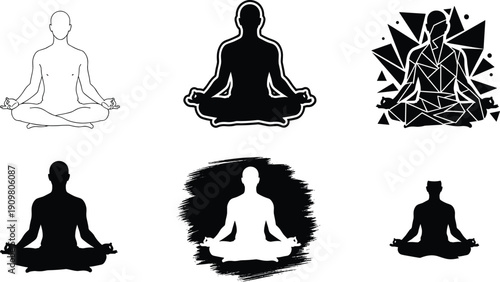 Meditation silhouette vector illustration, mindfulness yoga design, spiritual relaxation artwork, geometric abstract meditation pose, tranquil zen art, peaceful crown silhouette, inner harmony concept